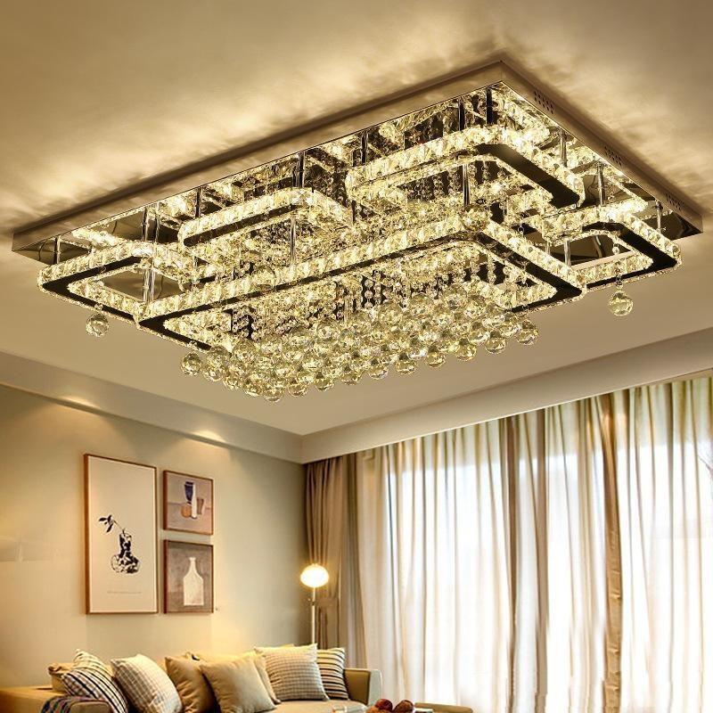 Luxury Rectangular Dimmable Crystal Flush Mount Chandelier