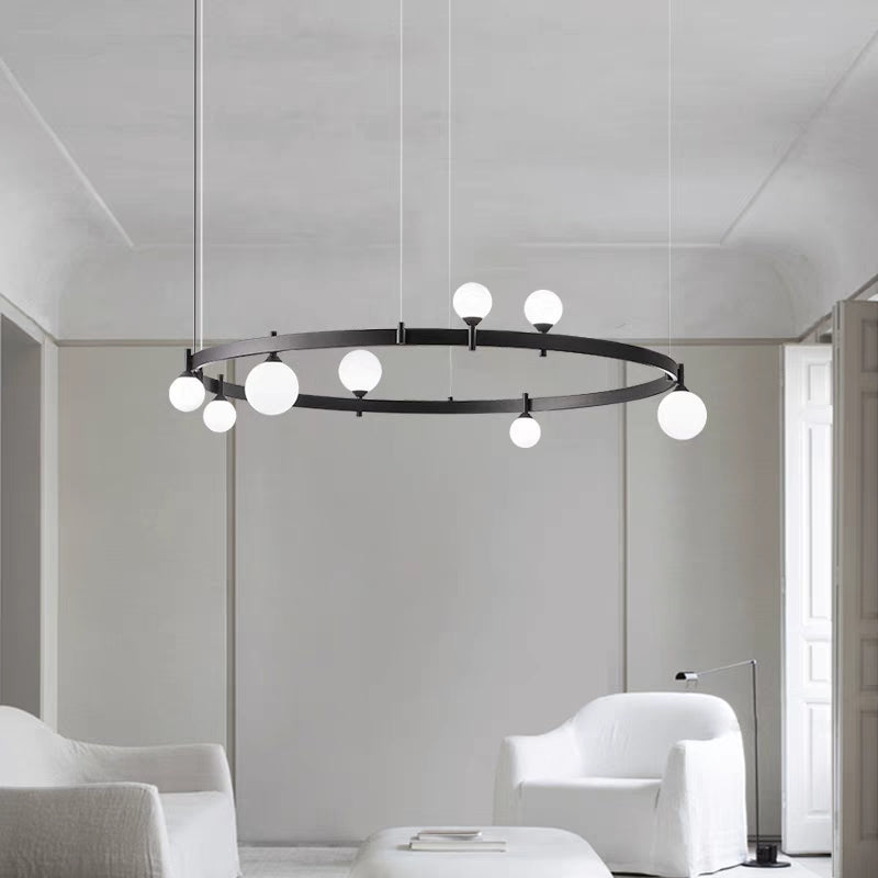 chandelier,chandeliers,glass,white,iron,black,rings,round,circle,6 heads,8 heads,ceiling,living room,dining room,dining table,long table,kitchen island,kitchen bar,dining bar