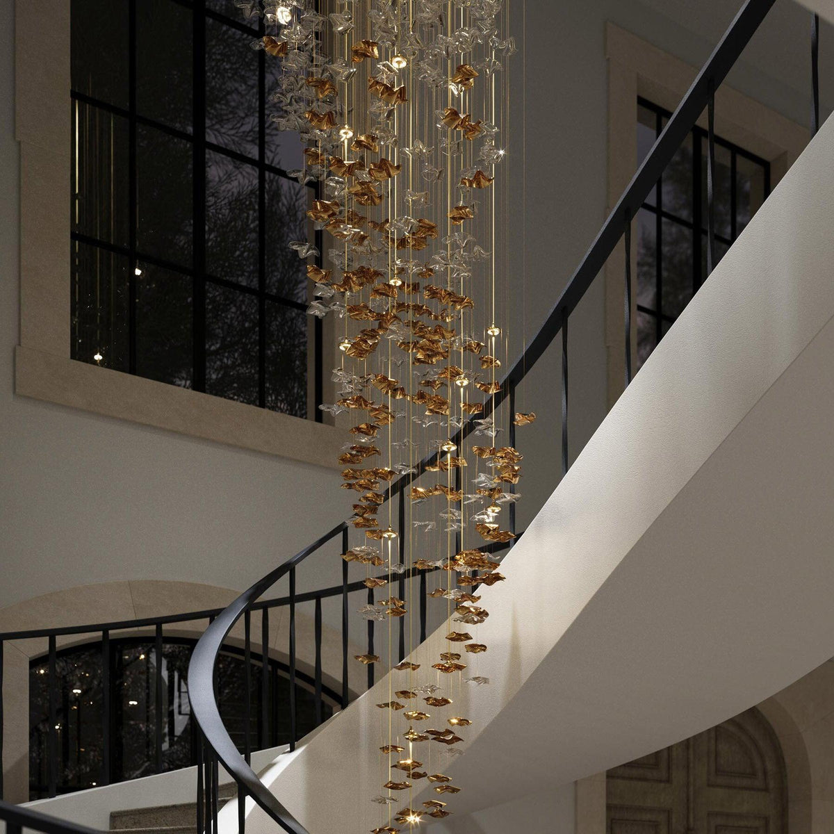 Tidal Art Glass Chandelier (With Canopy) - ∅ 58.3″ x H 118.1″Clear & GoldWarm Light - Jecanoli