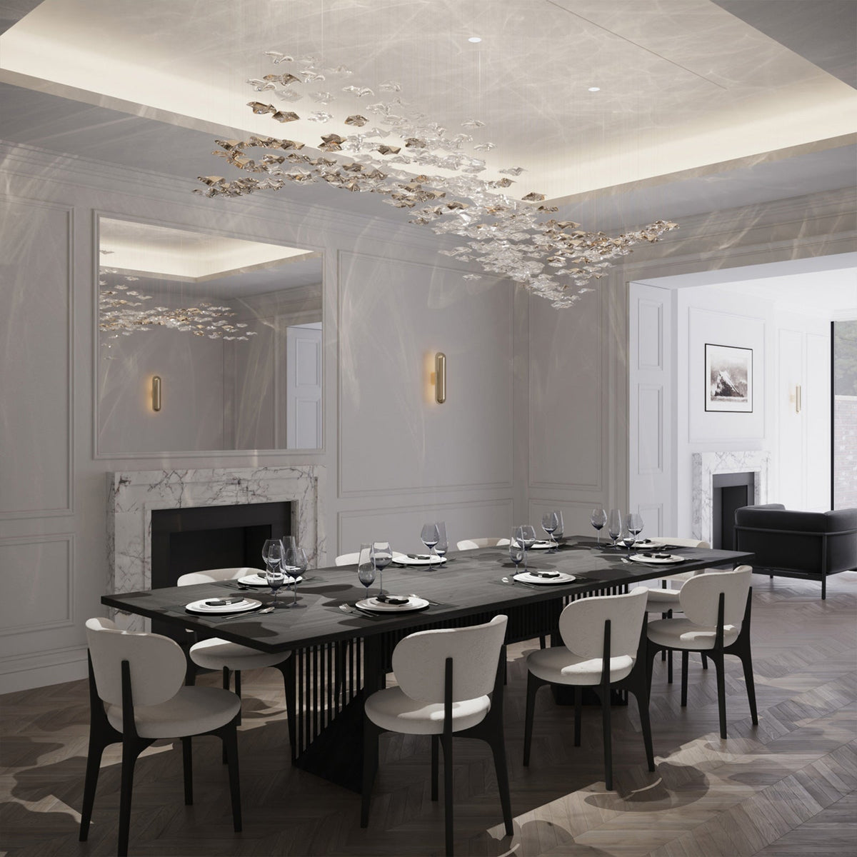 Tidal Art Glass Chandelier (With Canopy) - ∅ 58.3″ x H 118.1″Clear & GoldWarm Light - Jecanoli