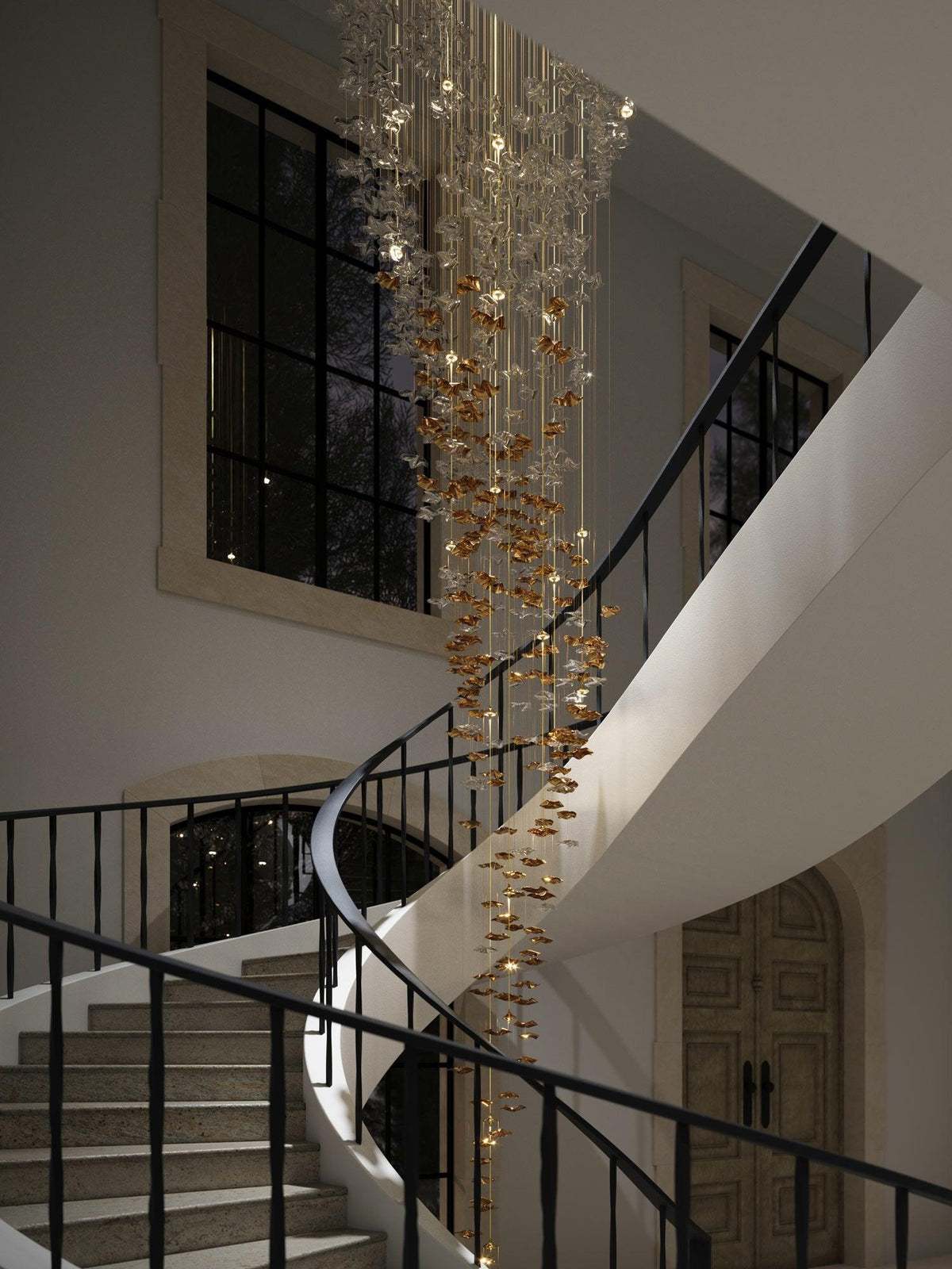 Tidal Art Glass Chandelier (With Canopy) - ∅ 58.3″ x H 118.1″Clear & GoldWarm Light - Jecanoli