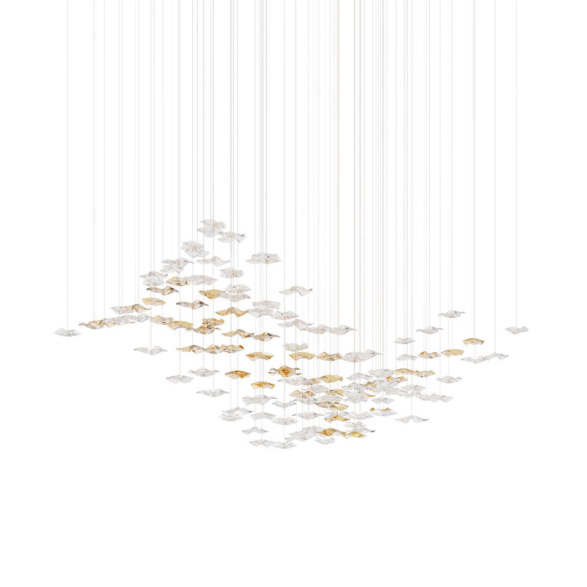 Tidal Art Glass Chandelier (With Canopy) - ∅ 58.3″ x H 118.1″Clear & GoldWarm Light - Jecanoli