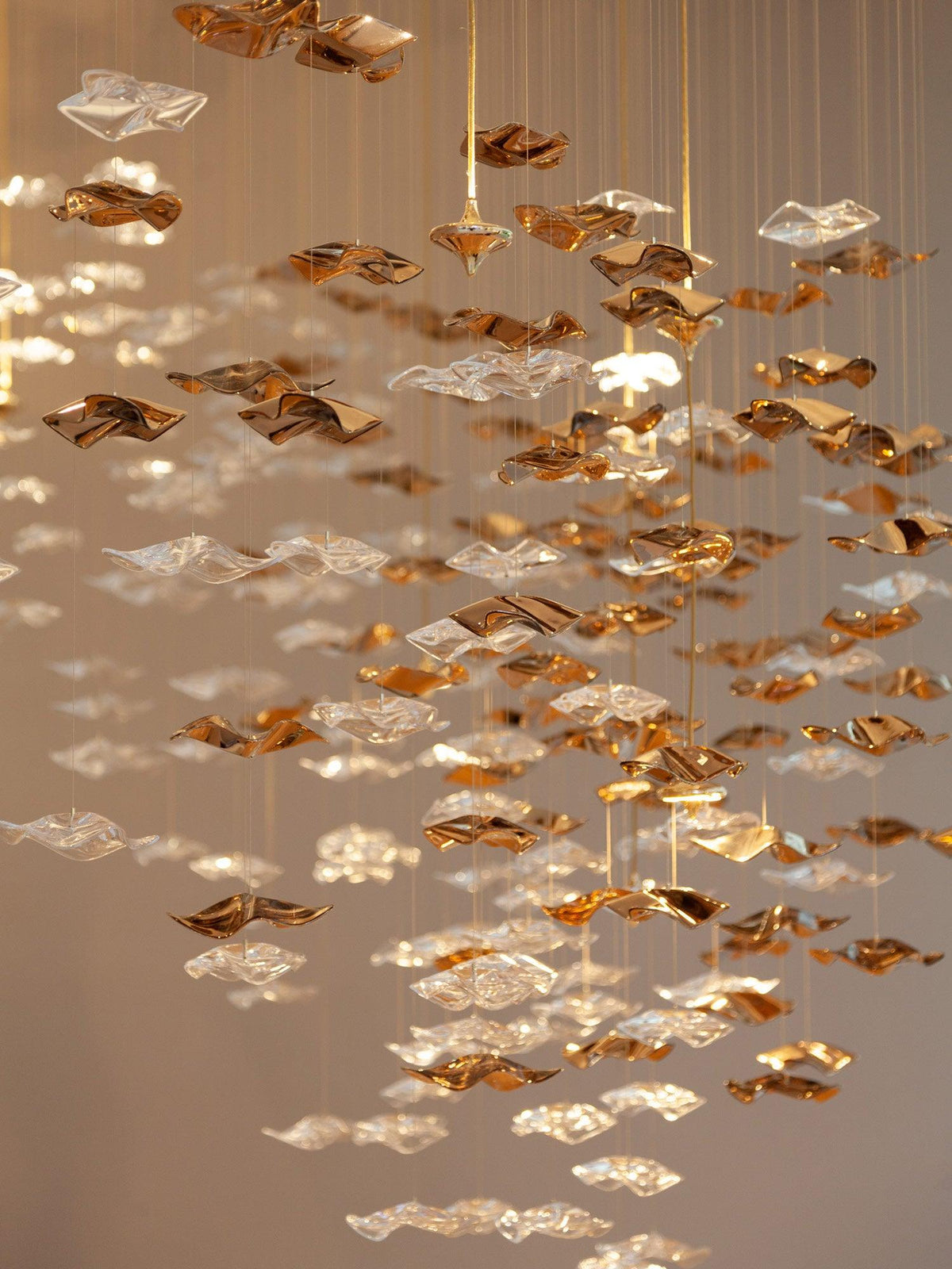 Tidal Art Glass Chandelier (With Canopy) - ∅ 58.3″ x H 118.1″Clear & GoldWarm Light - Jecanoli