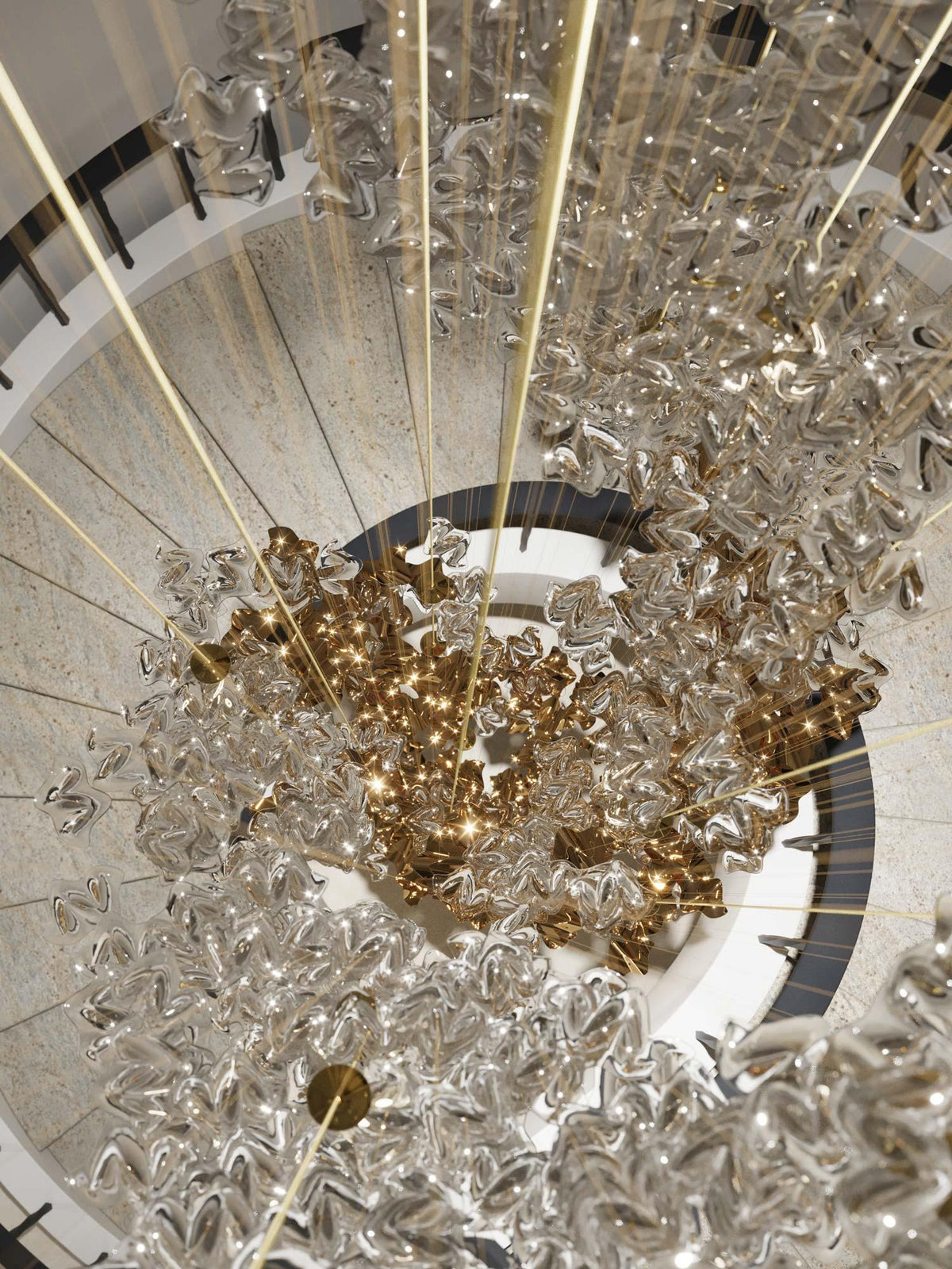 Tidal Art Glass Chandelier (With Canopy) - ∅ 58.3″ x H 118.1″Clear & GoldWarm Light - Jecanoli
