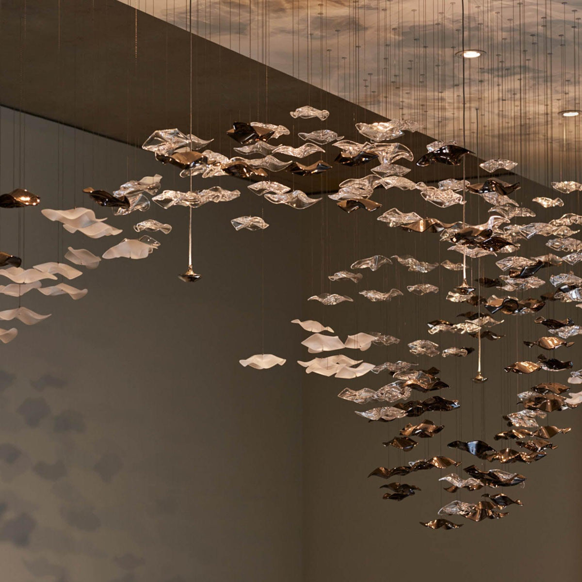 Tidal Art Glass Chandelier (With Canopy) - ∅ 58.3″ x H 118.1″Clear & GoldWarm Light - Jecanoli