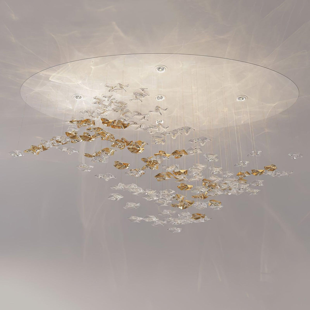 Tidal Art Glass Chandelier (With Canopy) - ∅ 58.3″ x H 118.1″Clear & GoldWarm Light - Jecanoli