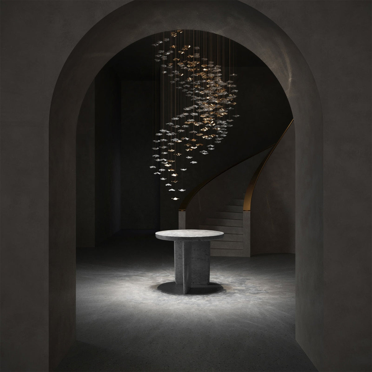 Tidal Art Glass Chandelier (With Canopy) - ∅ 58.3″ x H 118.1″Clear & GoldWarm Light - Jecanoli