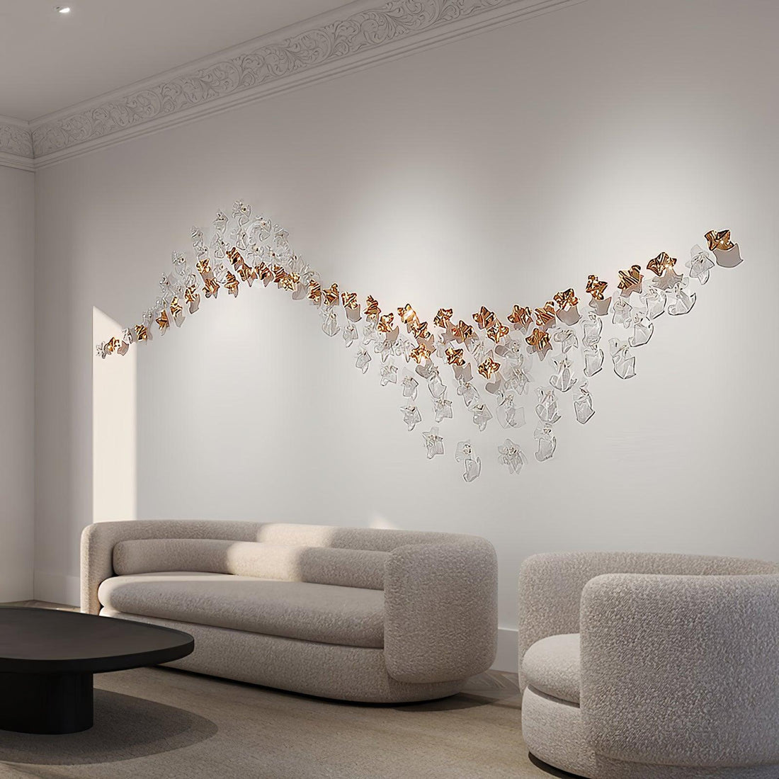 Tidal Art Glass Chandelier (With Canopy) - L 82.7″ x W 23.6″ x H 78.7″Clear & GoldWarm Light - Jecanoli
