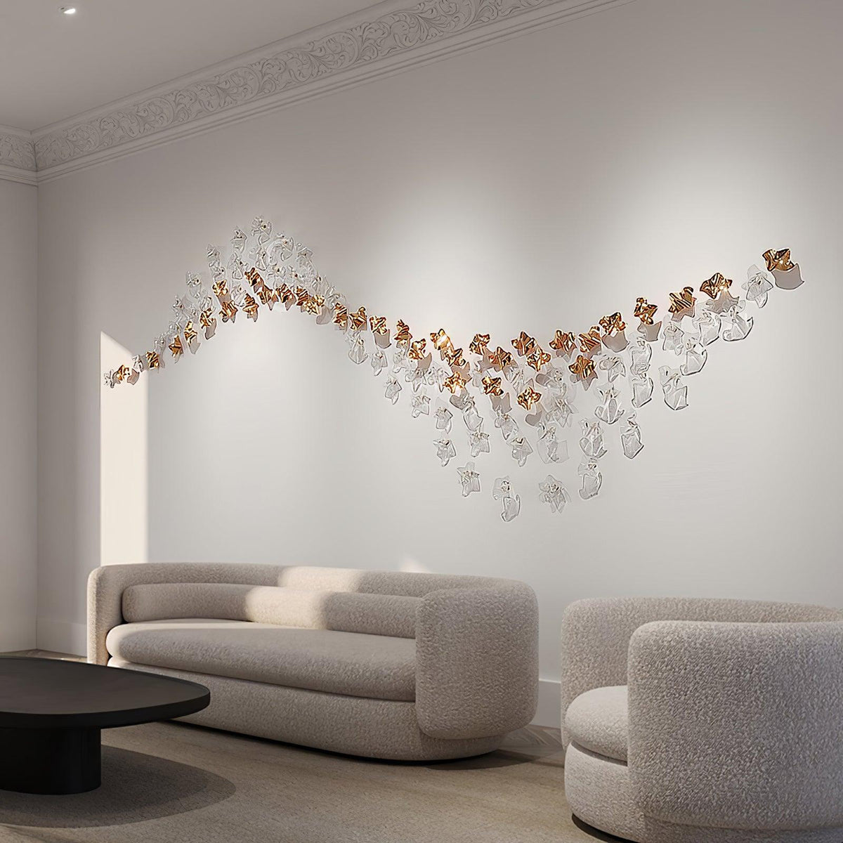 Tidal Art Glass Chandelier (With Canopy) - L 82.7″ x W 23.6″ x H 78.7″Clear & GoldWarm Light - Jecanoli