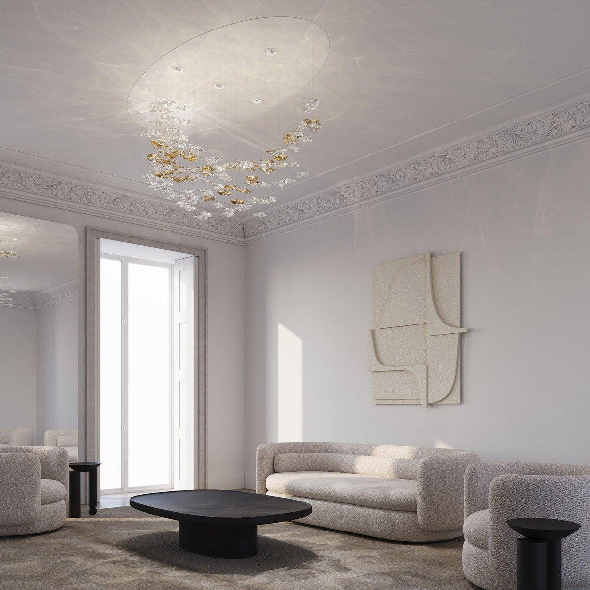 Tidal Art Glass Chandelier (With Canopy) - ∅ 58.3″ x H 118.1″Clear & GoldWarm Light - Jecanoli