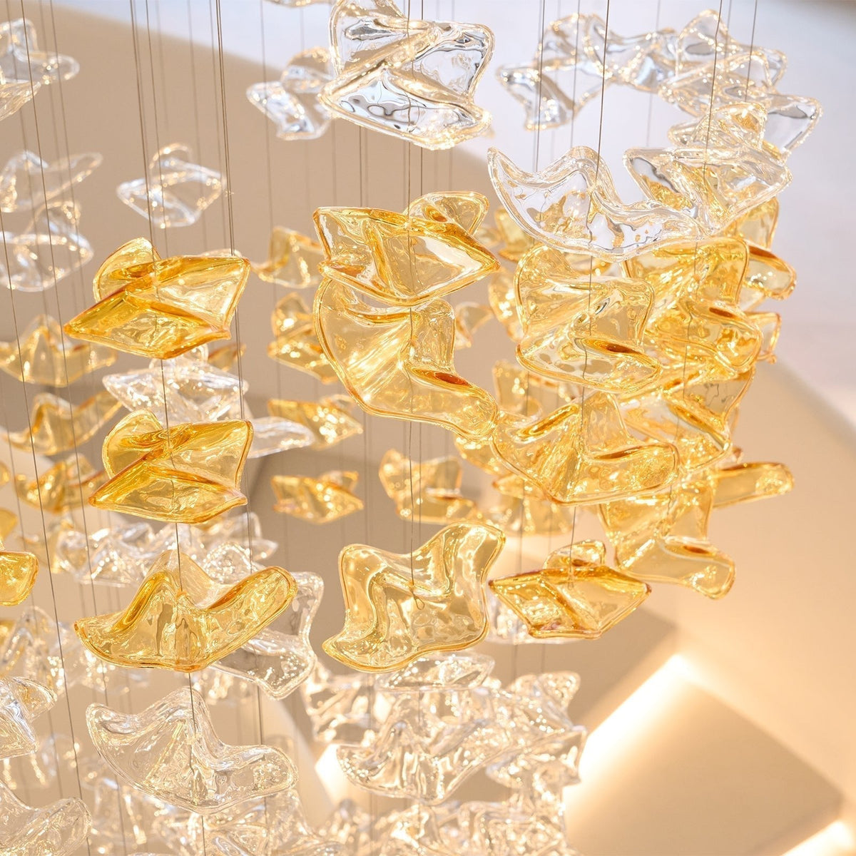 Tidal Art Glass Chandelier (With Canopy) - ∅ 58.3″ x H 118.1″Clear & GoldWarm Light - Jecanoli
