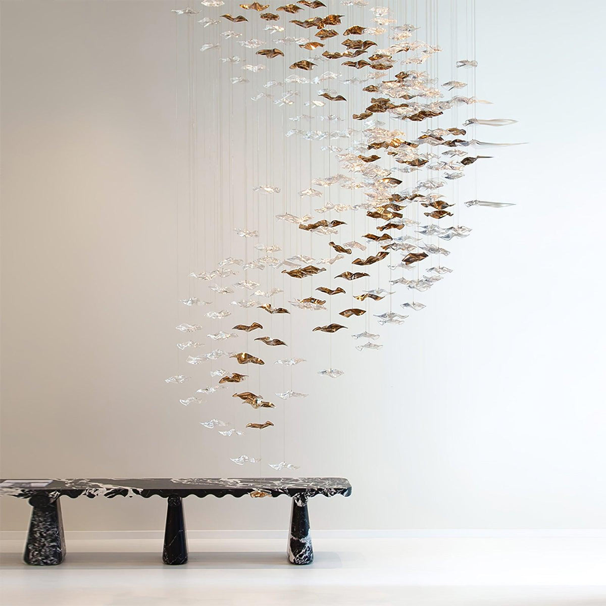 Tidal Art Glass Chandelier (With Canopy) - L 82.7″ x W 23.6″ x H 78.7″Clear & GoldWarm Light - Jecanoli