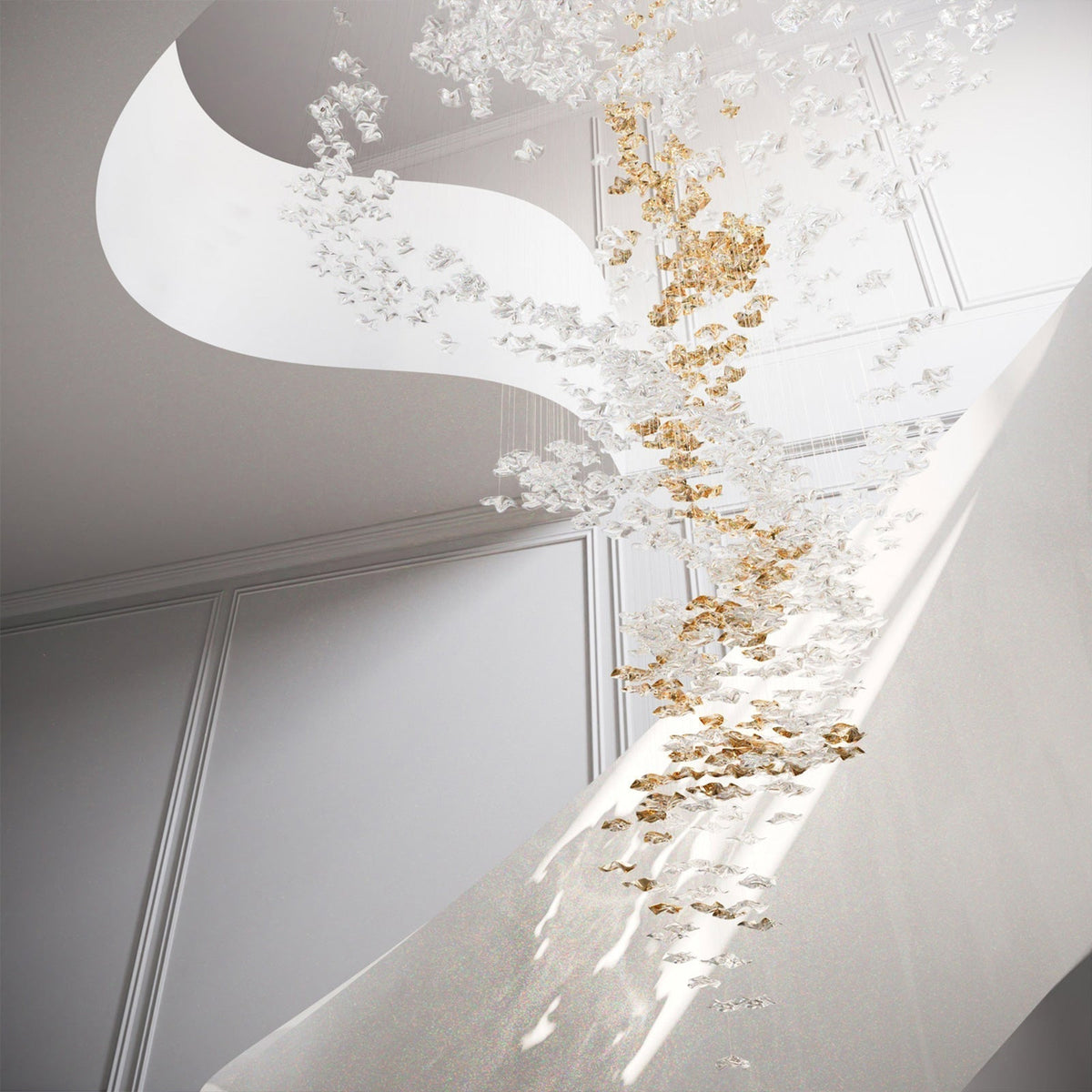 Tidal Art Glass Chandelier (With Canopy) - L 82.7″ x W 23.6″ x H 78.7″Clear & GoldWarm Light - Jecanoli