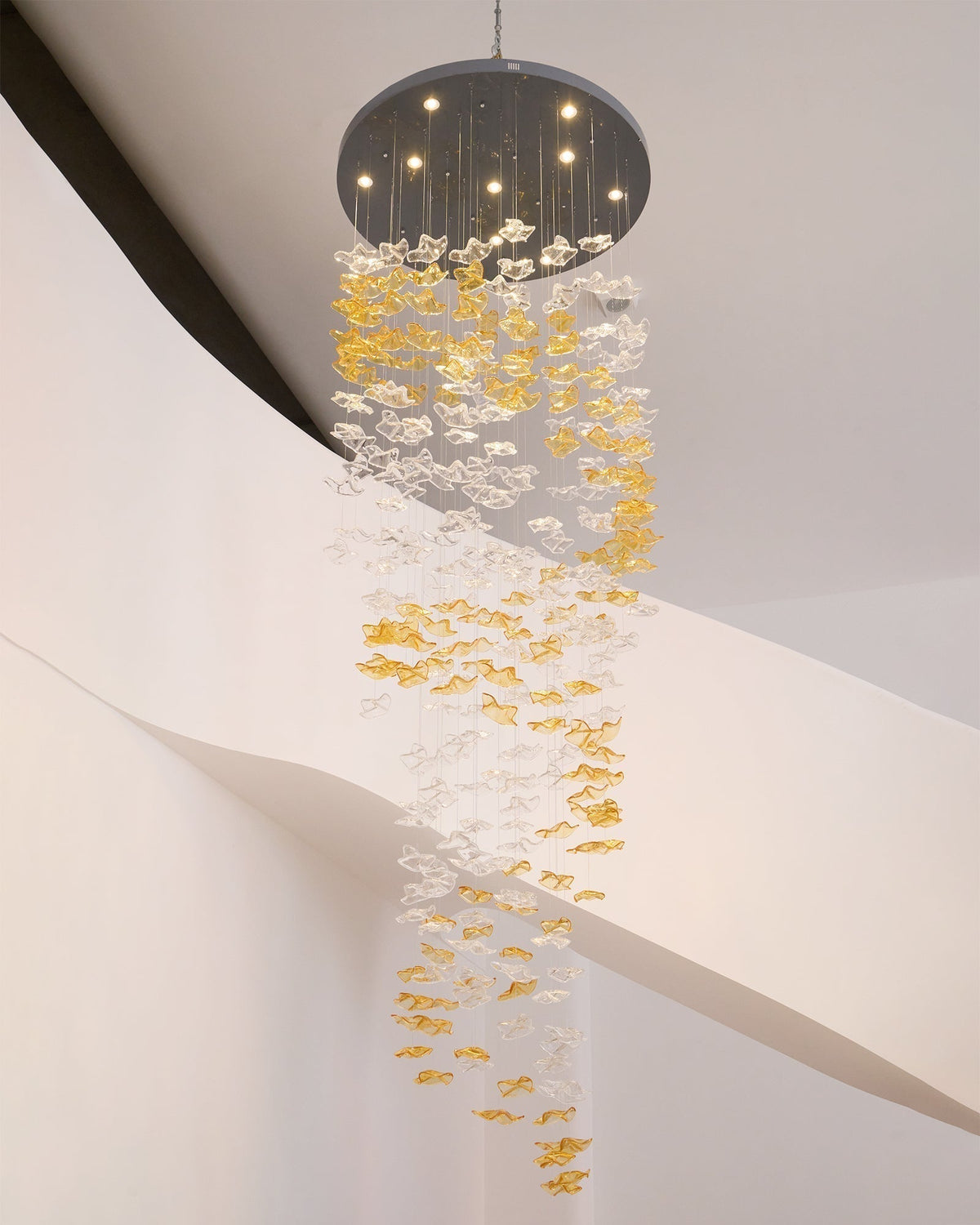 Tidal Art Glass Chandelier (With Canopy) - L 82.7″ x W 23.6″ x H 78.7″Clear & GoldWarm Light - Jecanoli