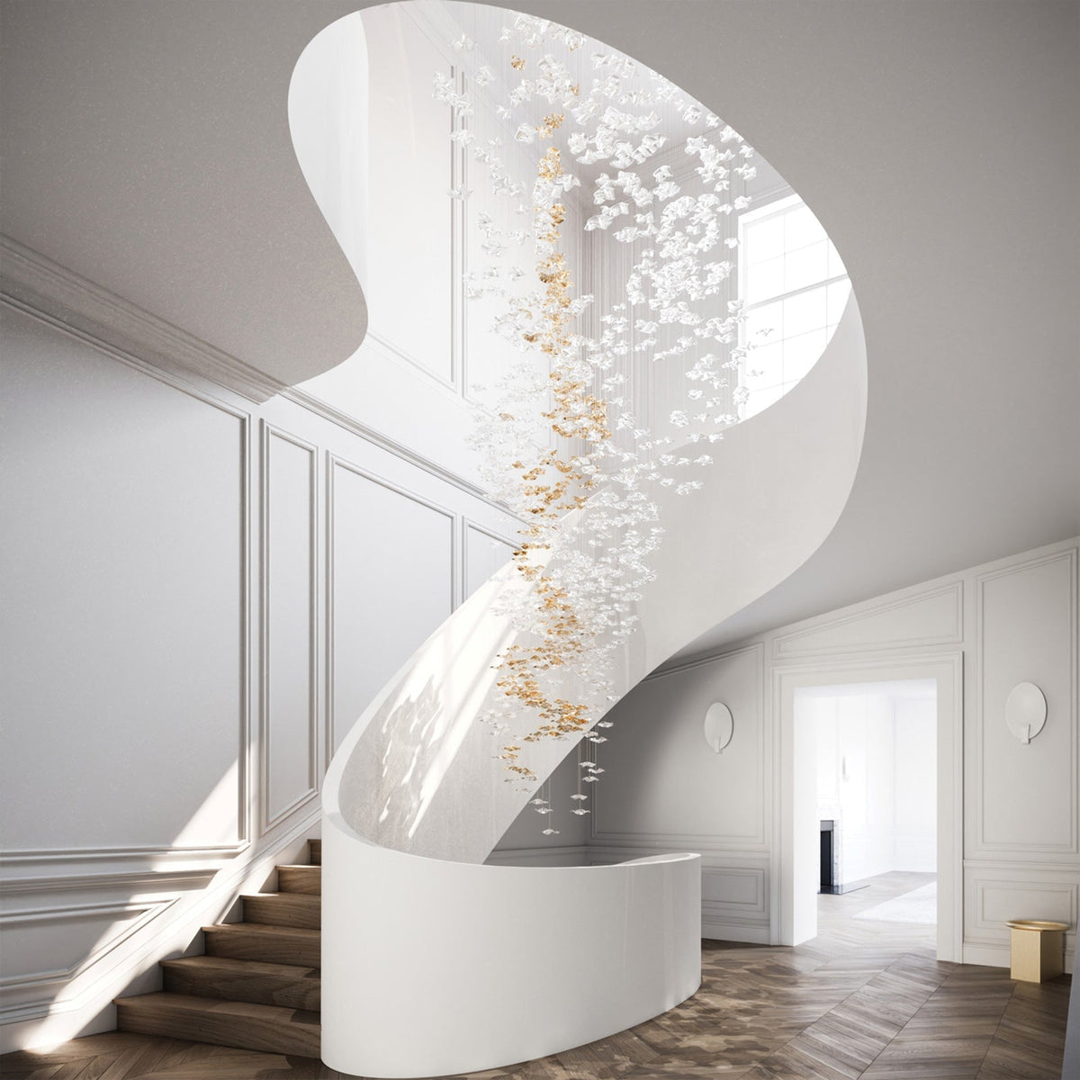 Tidal Art Glass Chandelier (With Canopy) - ∅ 58.3″ x H 118.1″Clear & GoldWarm Light - Jecanoli
