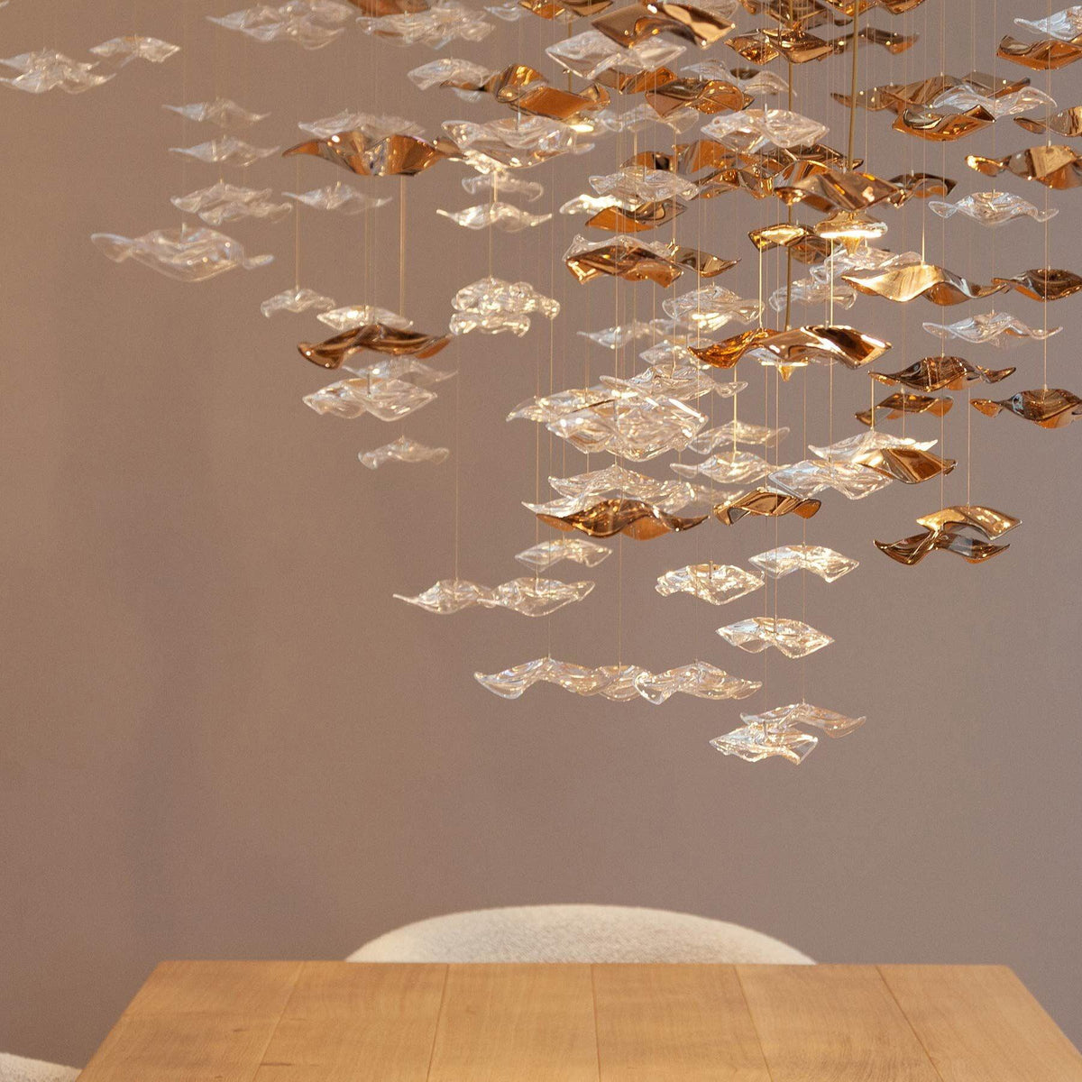 Tidal Art Glass Chandelier (With Canopy) - ∅ 58.3″ x H 118.1″Clear & GoldWarm Light - Jecanoli