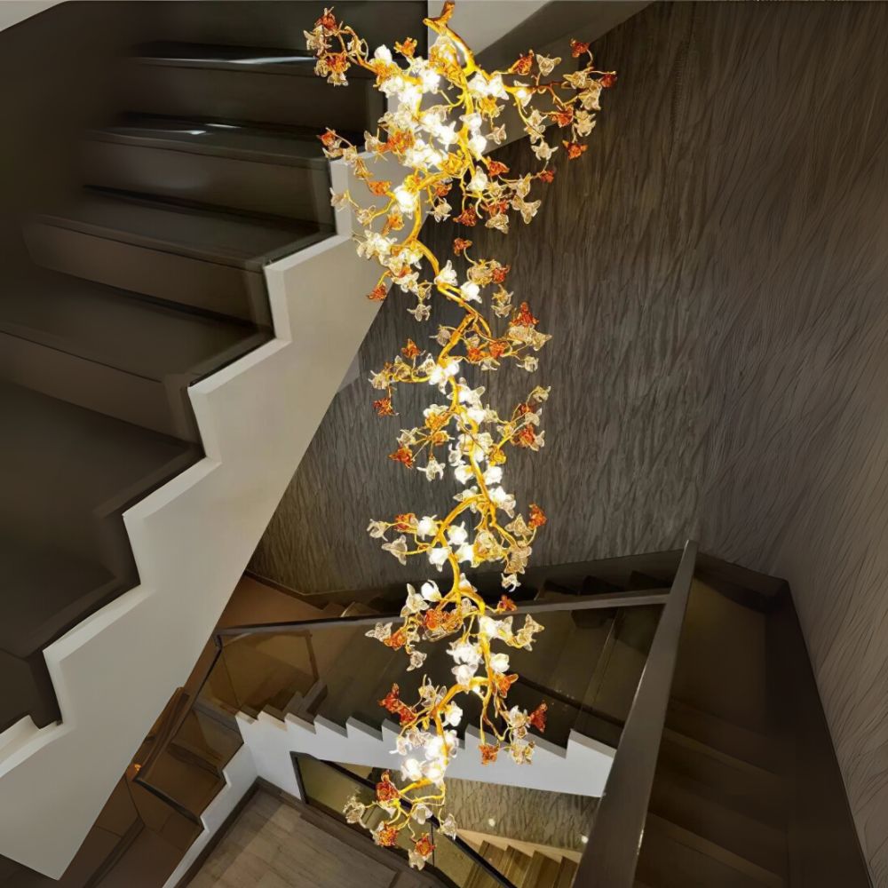 Verdant Branch Copper Vine Glass Flower Stairwell Chandelier - CopperH59.0"(150cm)Warm Light 3000kJecanoli