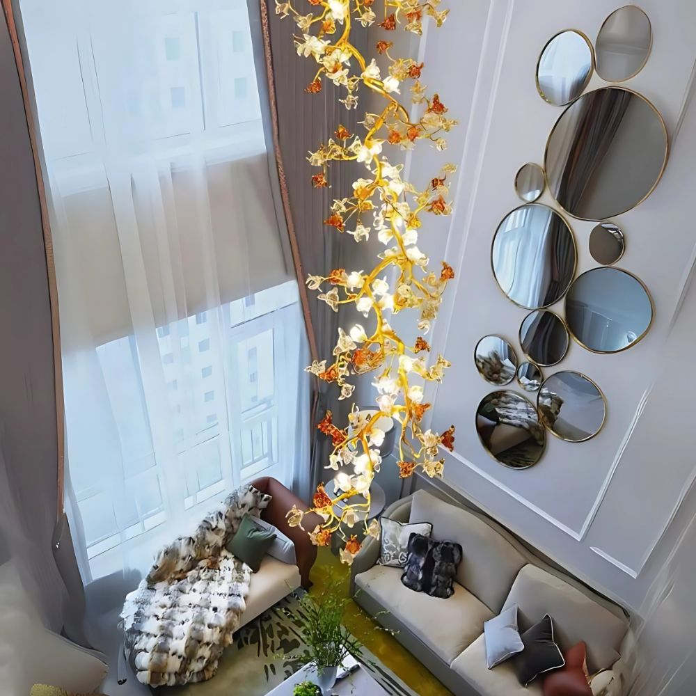 Verdant Branch Copper Vine Glass Flower Stairwell Chandelier - CopperH59.0"(150cm)Warm Light 3000kJecanoli
