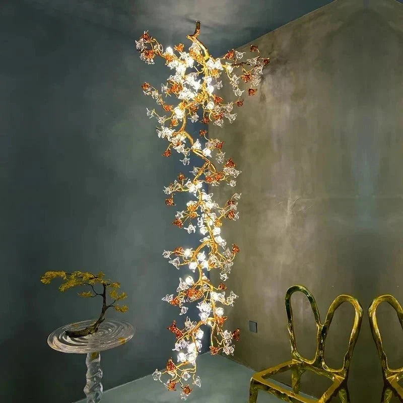 Verdant Branch Copper Vine Glass Flower Stairwell Chandelier - CopperH59.0"(150cm)Warm Light 3000kJecanoli