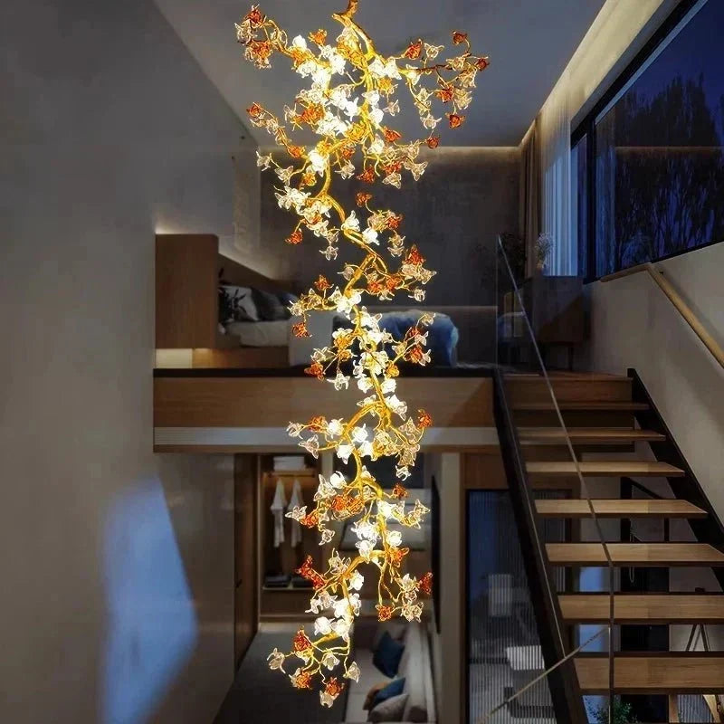 Verdant Branch Copper Vine Glass Flower Stairwell Chandelier - CopperH59.0"(150cm)Warm Light 3000kJecanoli