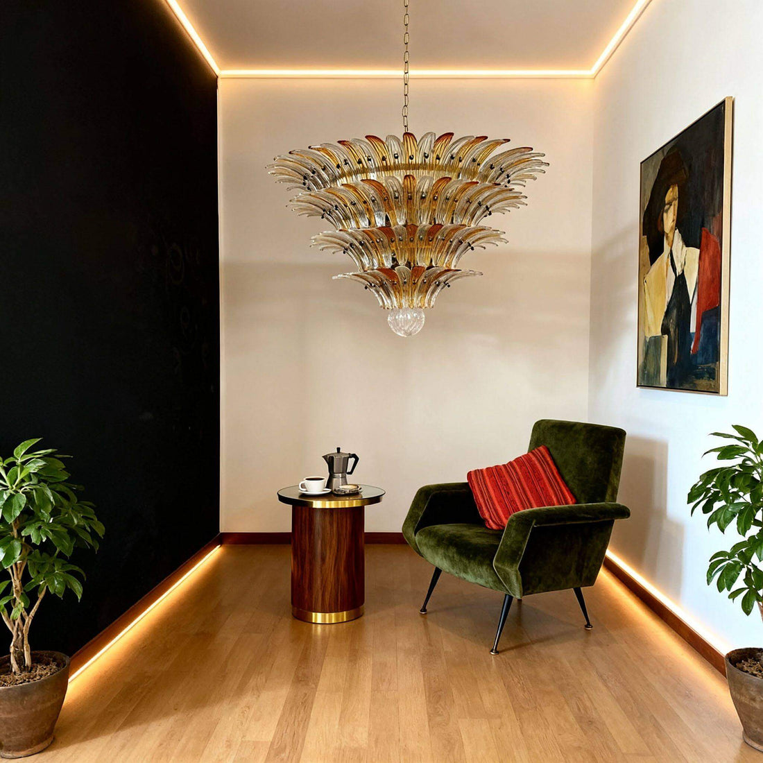 Murano Palmette chandelier with amber glass leaves shown on a white background.