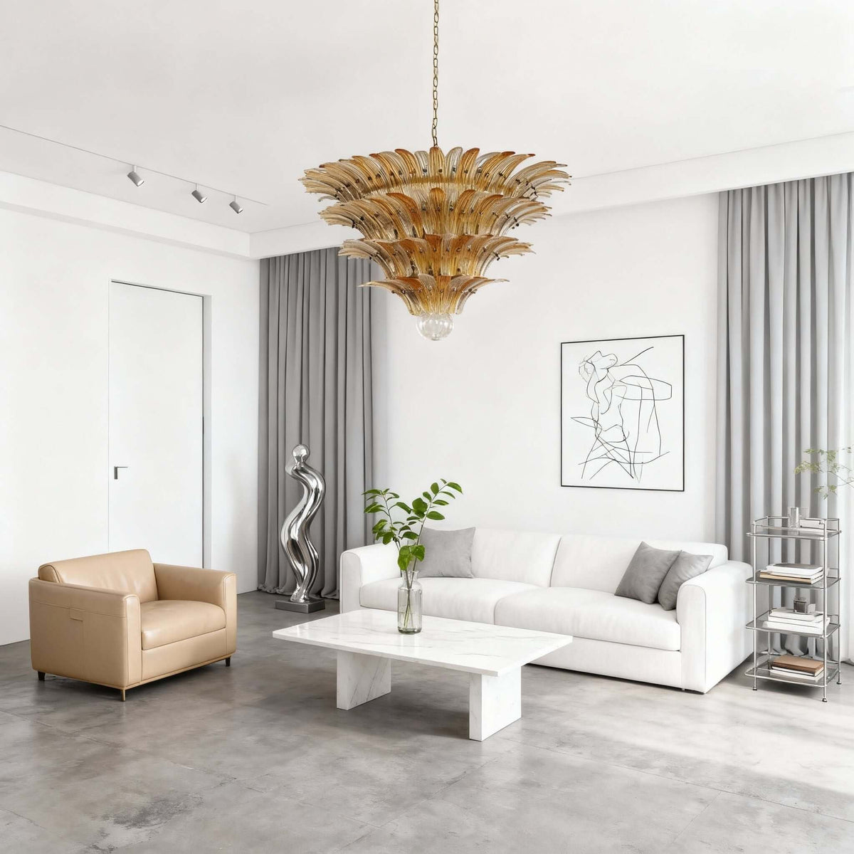Amber glass chandelier above a white modern living room with low seating.